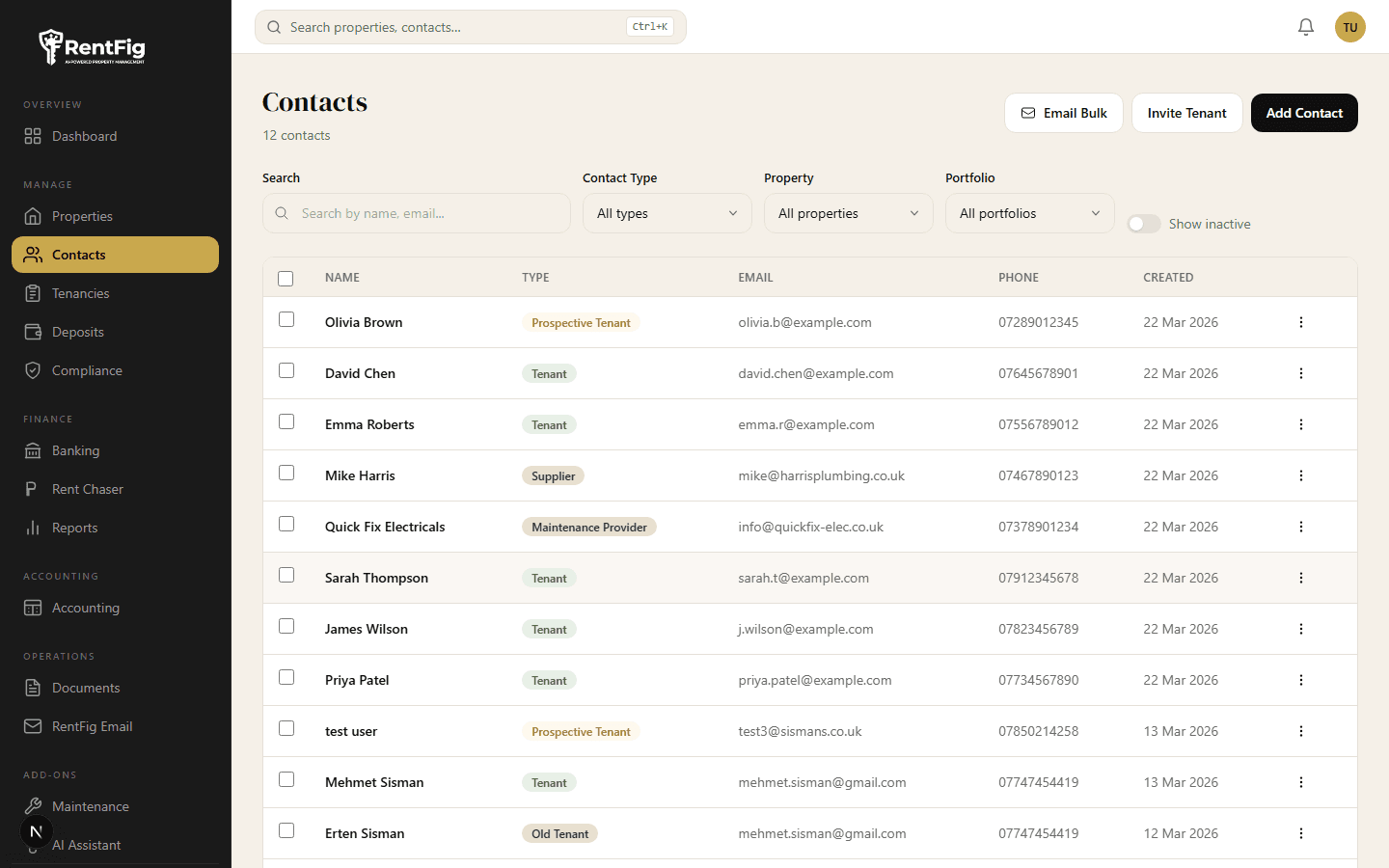 Tenant & Contact Management — RentFig screenshot