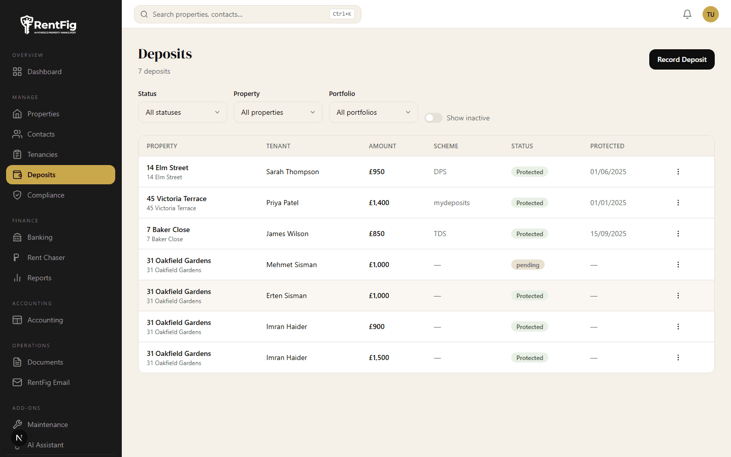 Deposit Management — RentFig screenshot