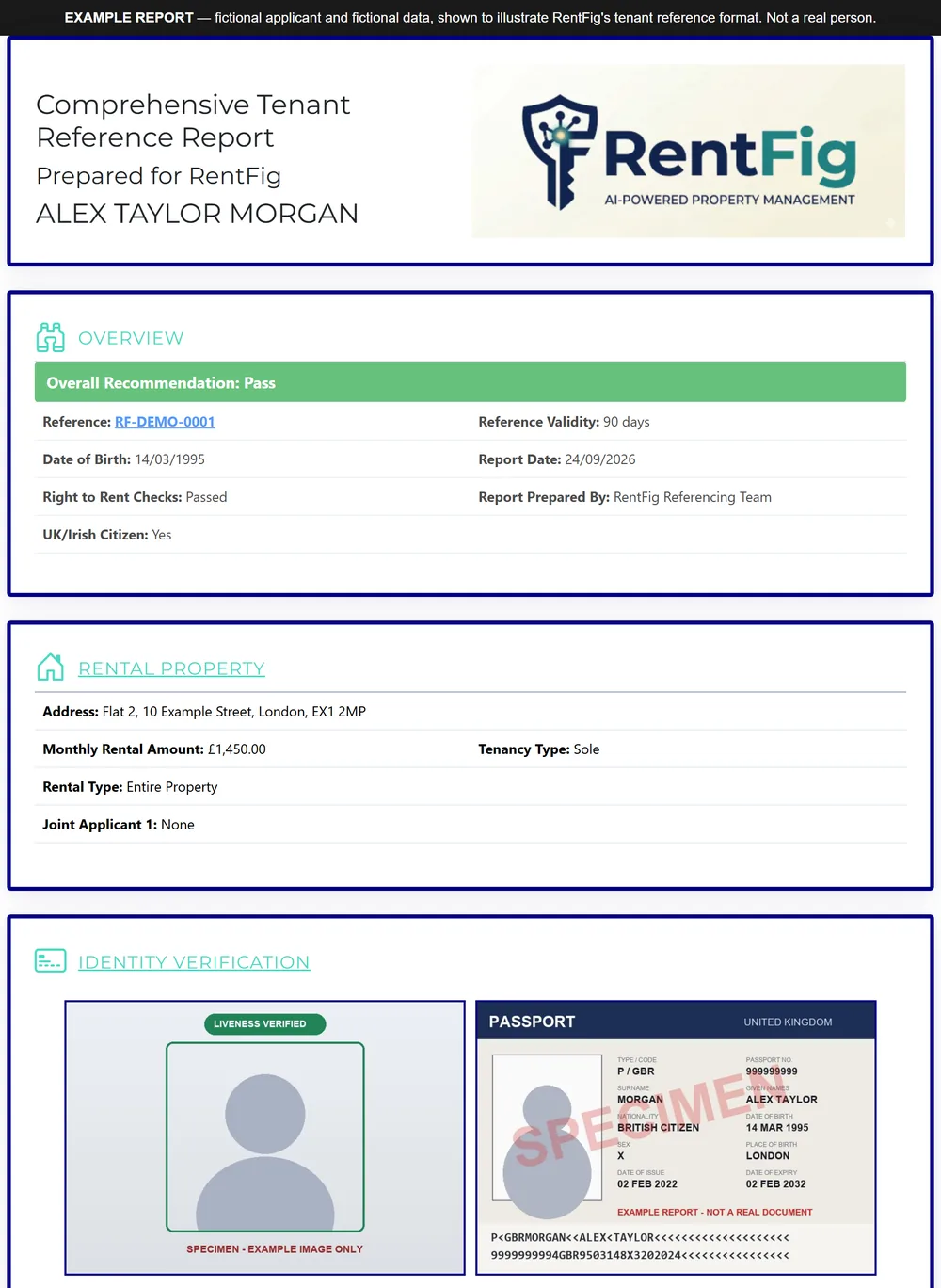 Example RentFig tenant reference report for a fictional applicant, showing an overall Pass