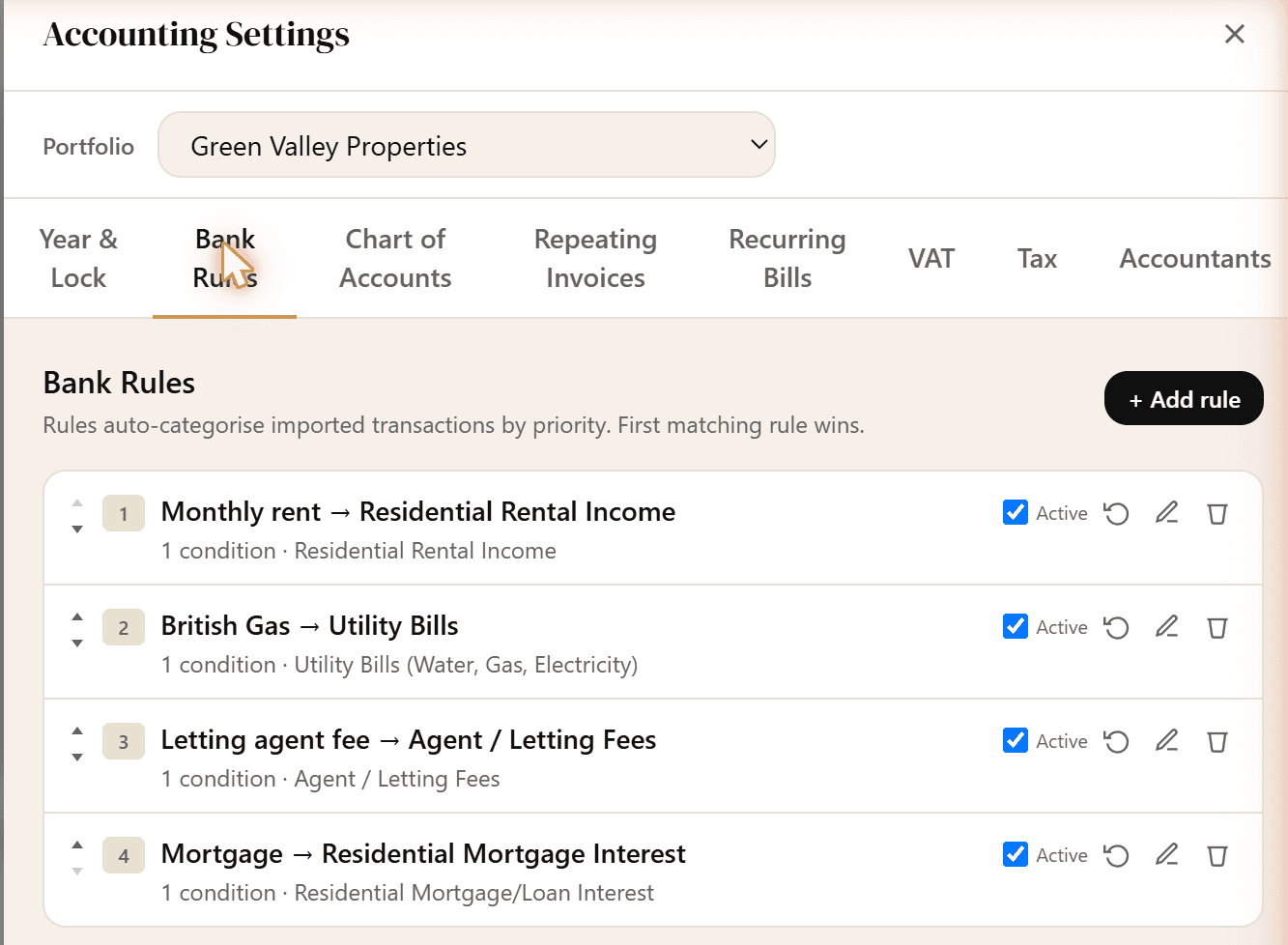 RentFig bank rules panel showing rules that match transactions by description and assign a category