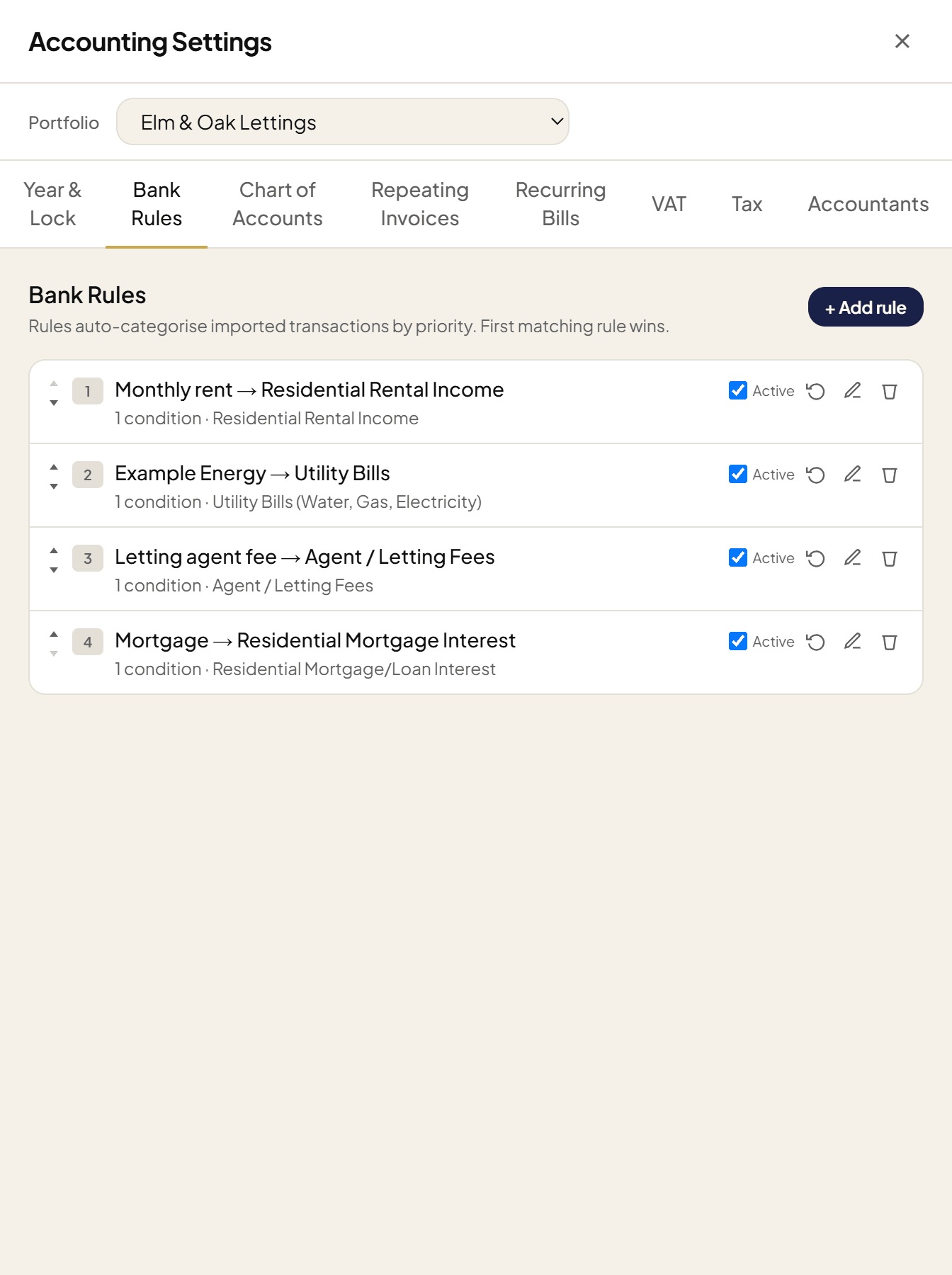 RentFig bank rules panel showing rules that match transactions by description and assign a category