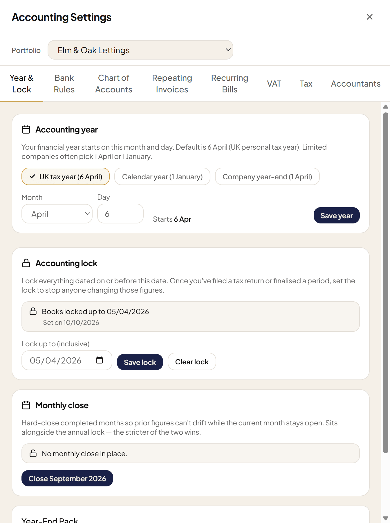 RentFig accounting lock panel showing books locked up to a chosen date