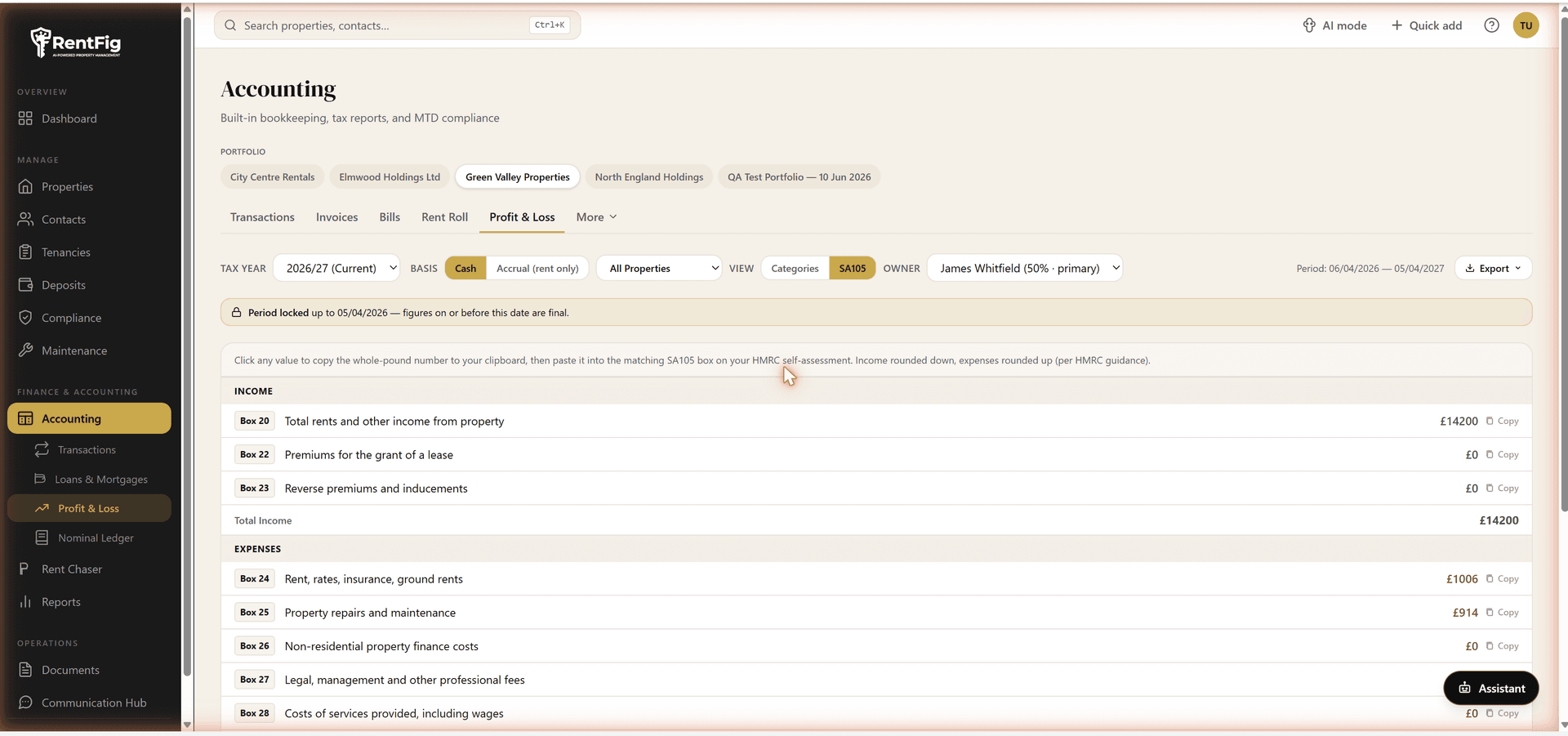 RentFig SA105 view mapping totals to the numbered HMRC property pages boxes with copy buttons