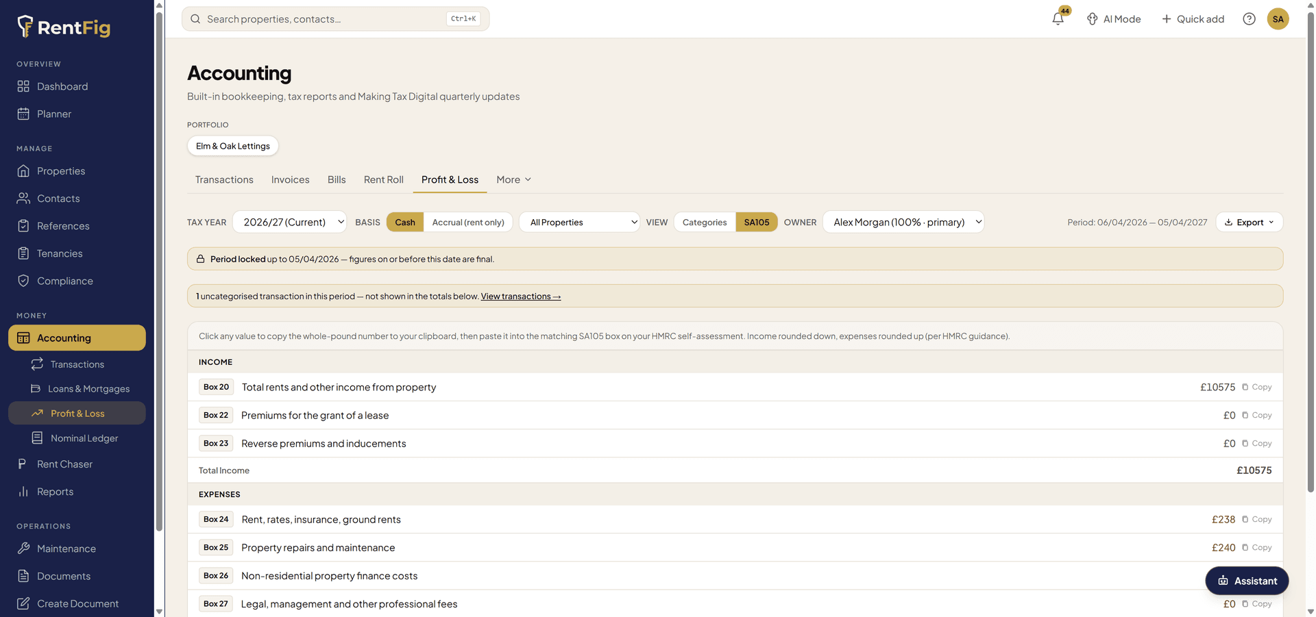 RentFig SA105 view mapping totals to the numbered HMRC property pages boxes with copy buttons