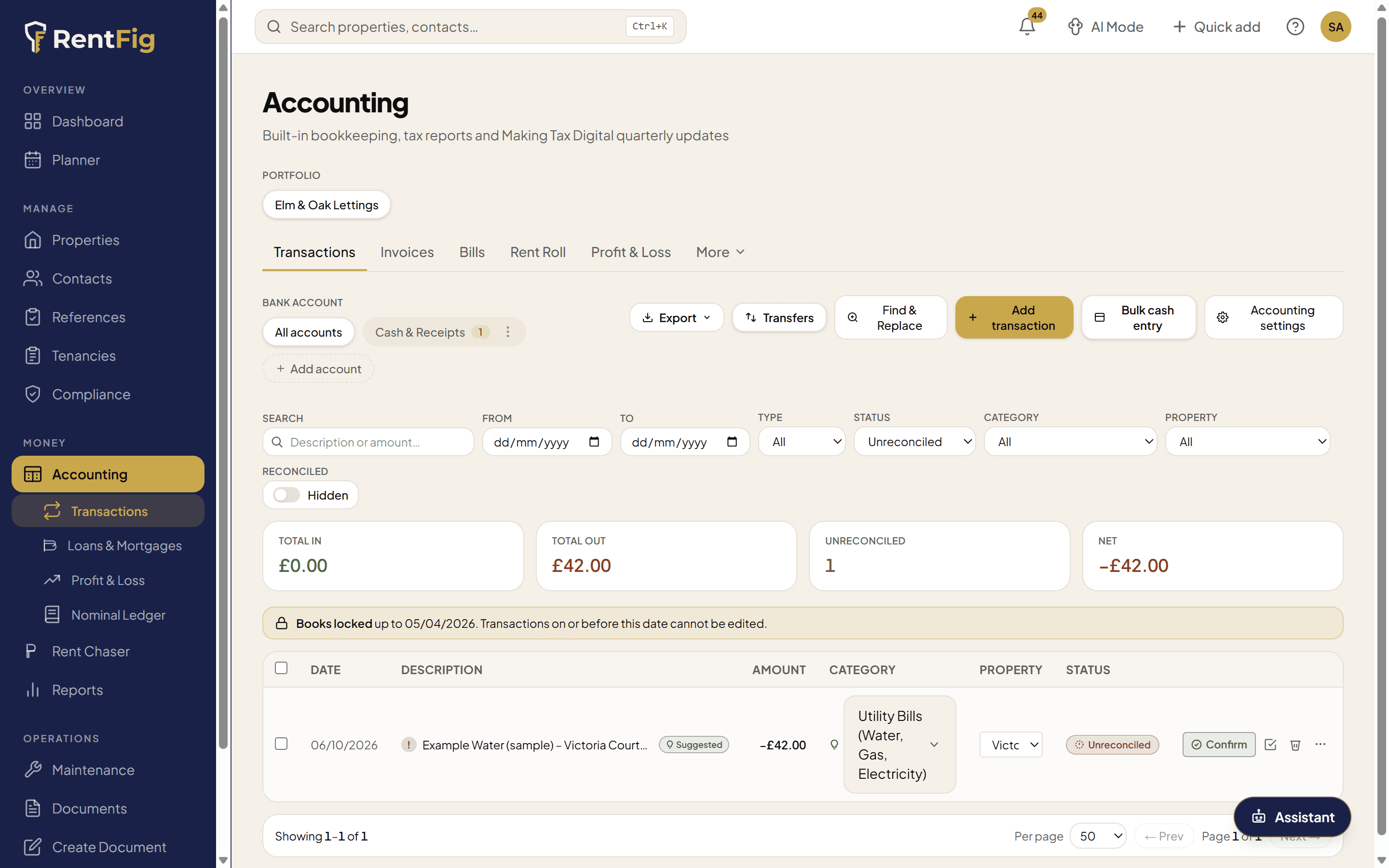 RentFig Accounting transactions page showing a reconciling bank transaction with property assigned