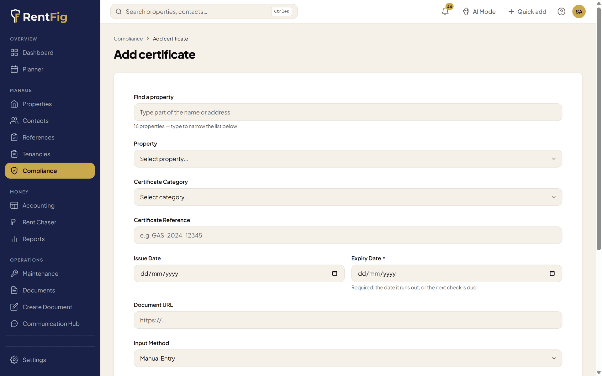 RentFig add certificate form with category selector and document upload