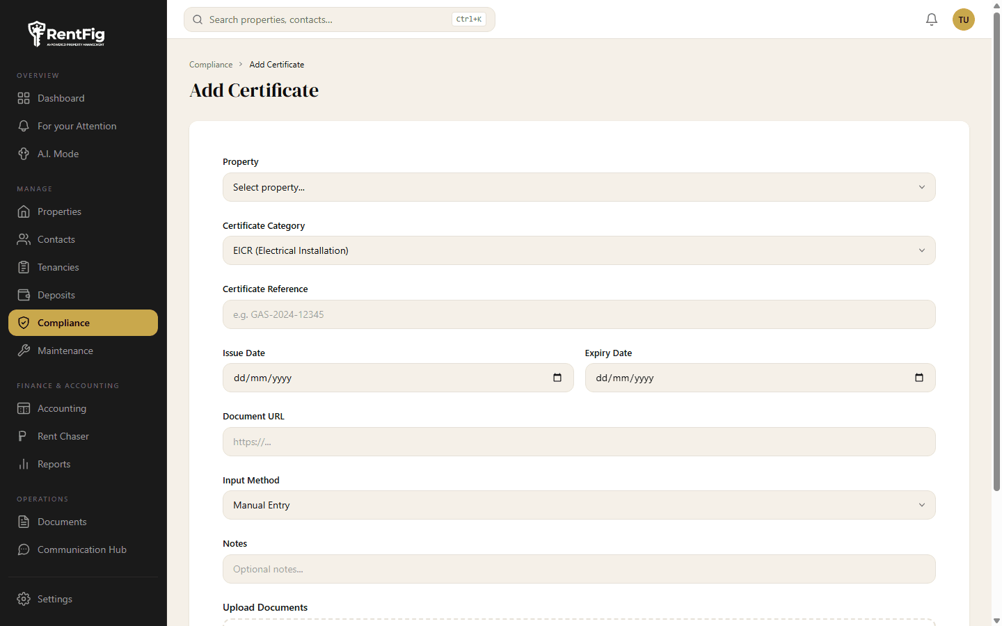 RentFig add certificate form with category selector and document upload