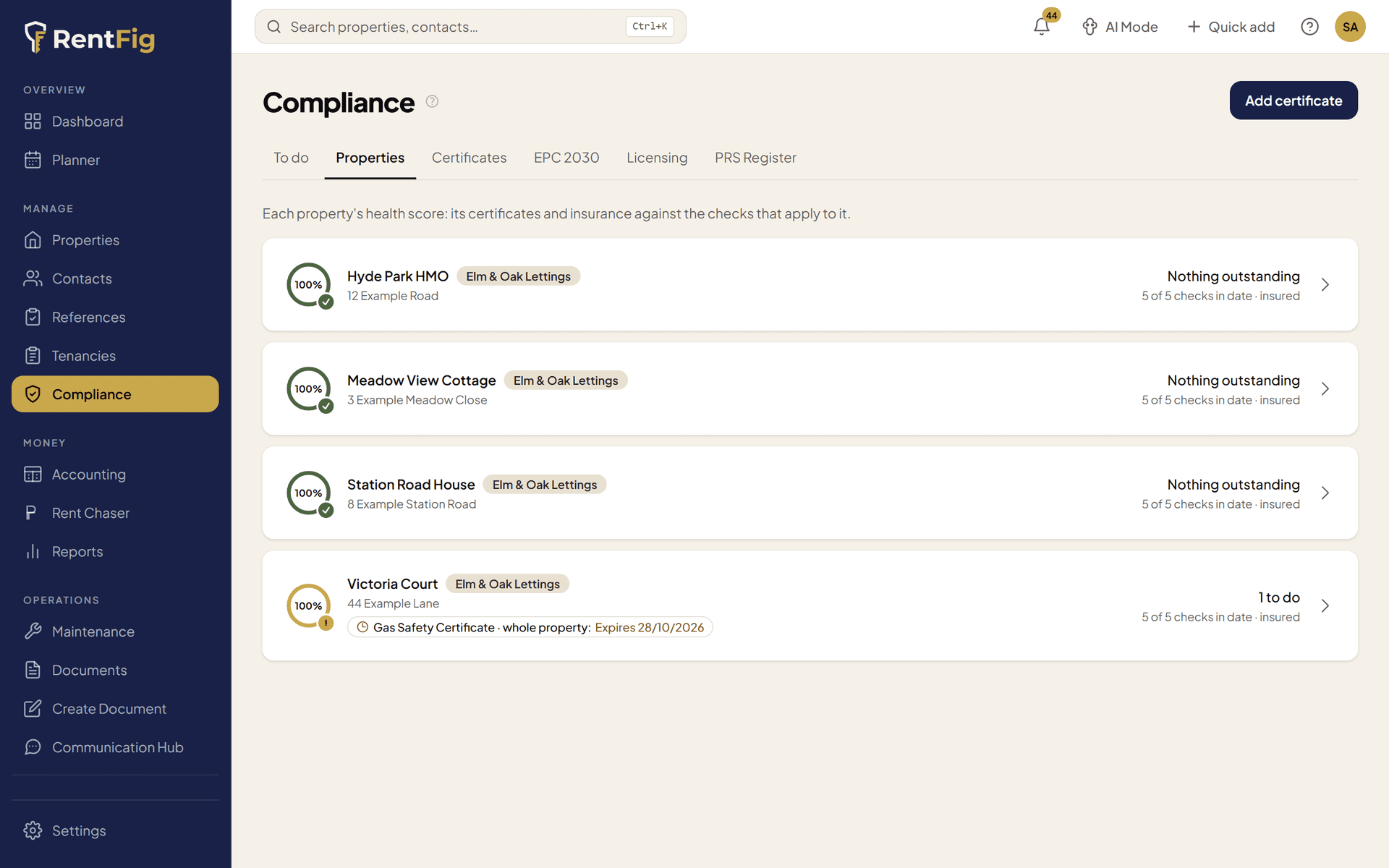 RentFig compliance dashboard showing property health check scores and certificate status