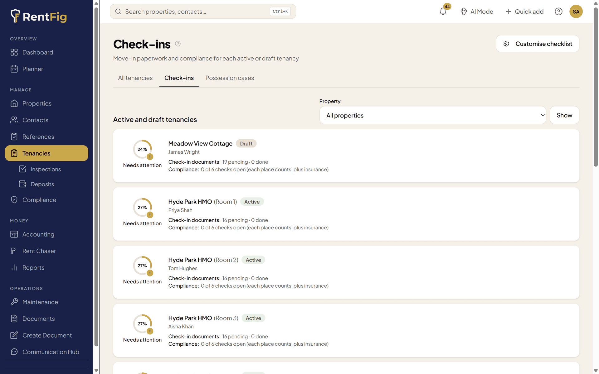 RentFig tenancy check-ins showing compliance gaps per tenancy