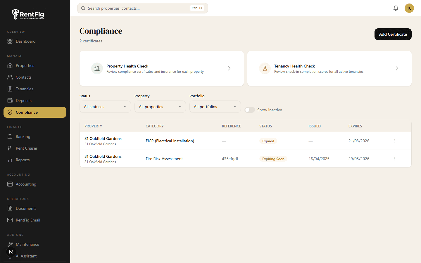 RentFig compliance dashboard overview