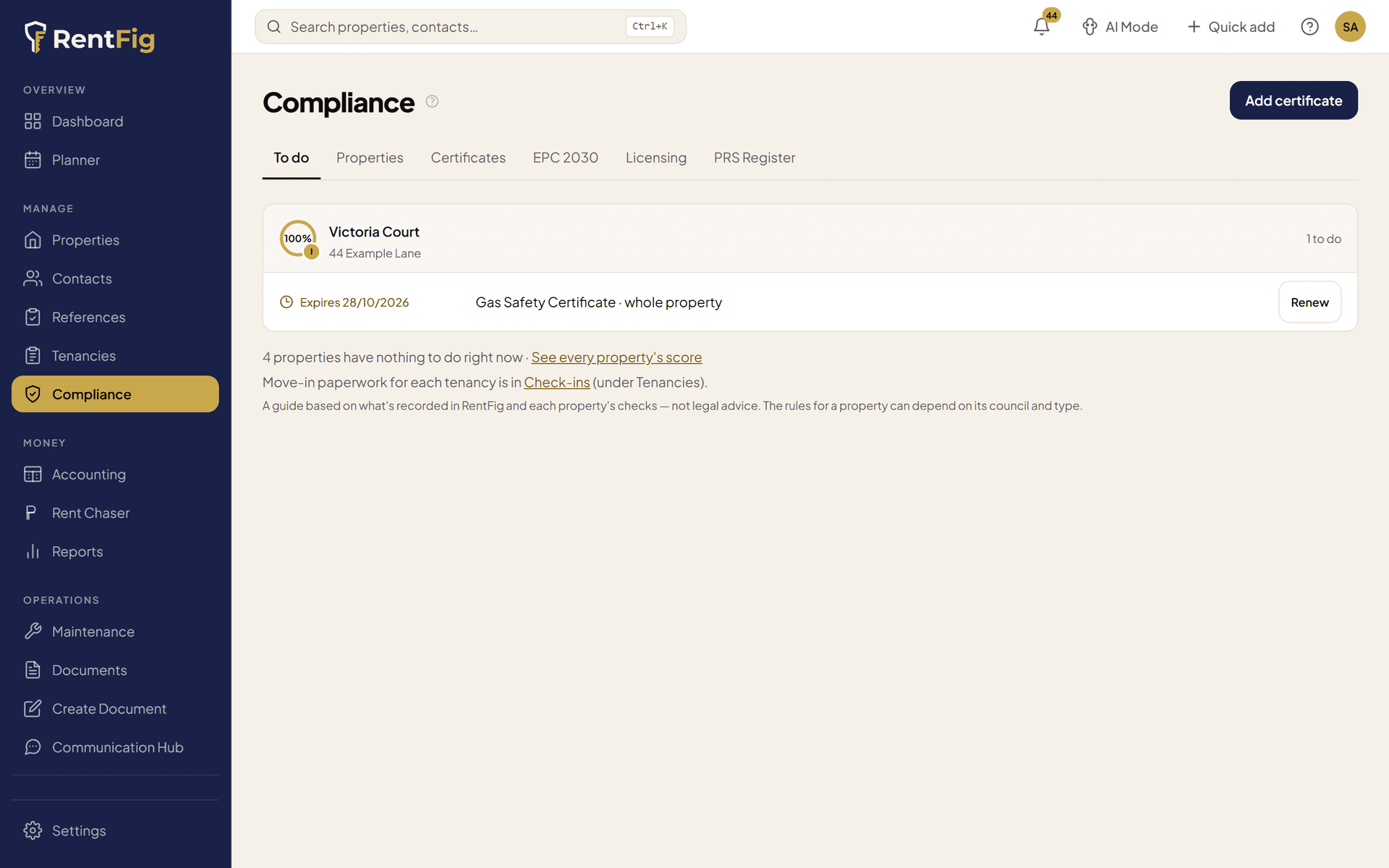 RentFig compliance dashboard overview