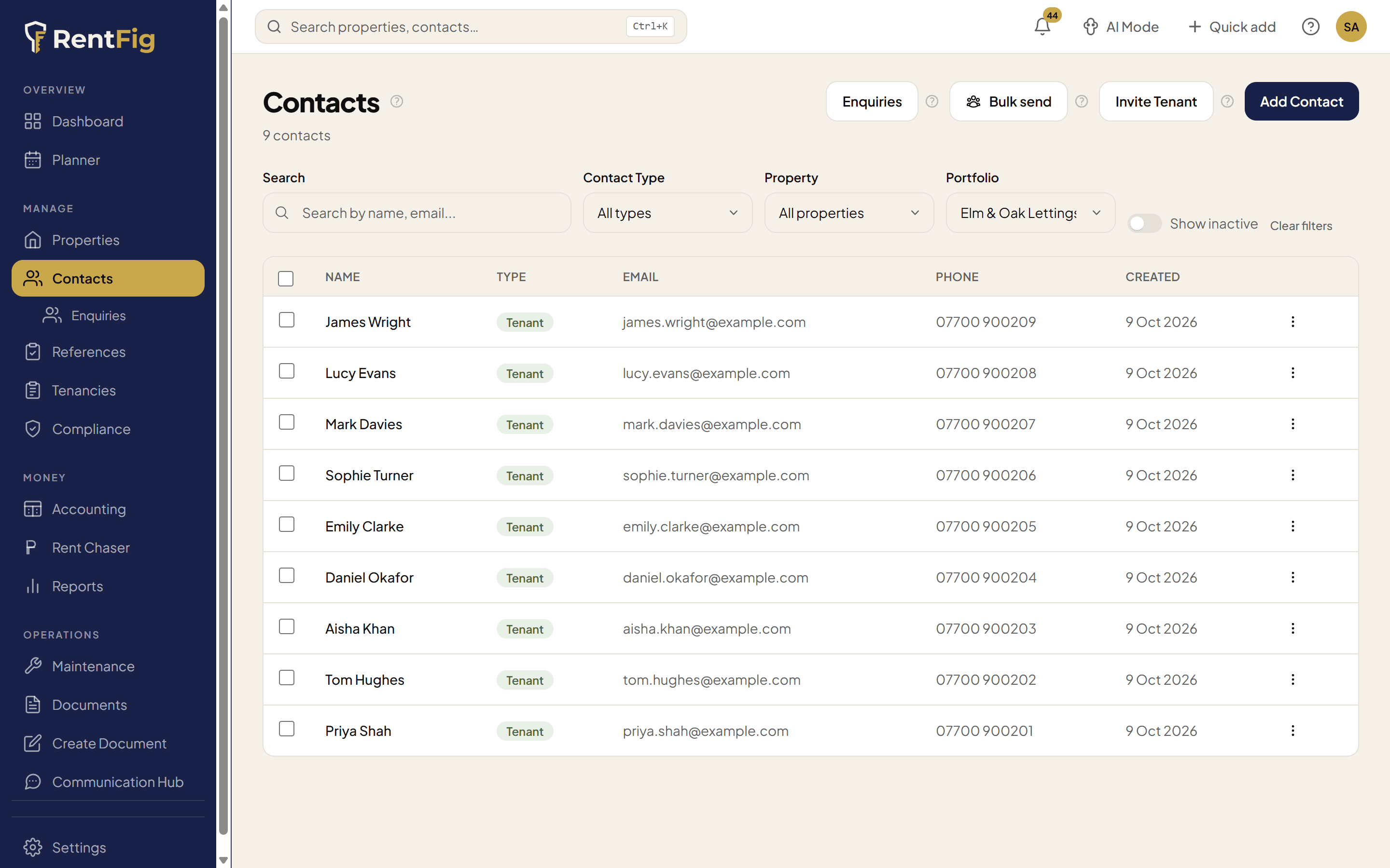 Tenant & Contact Management — RentFig screenshot