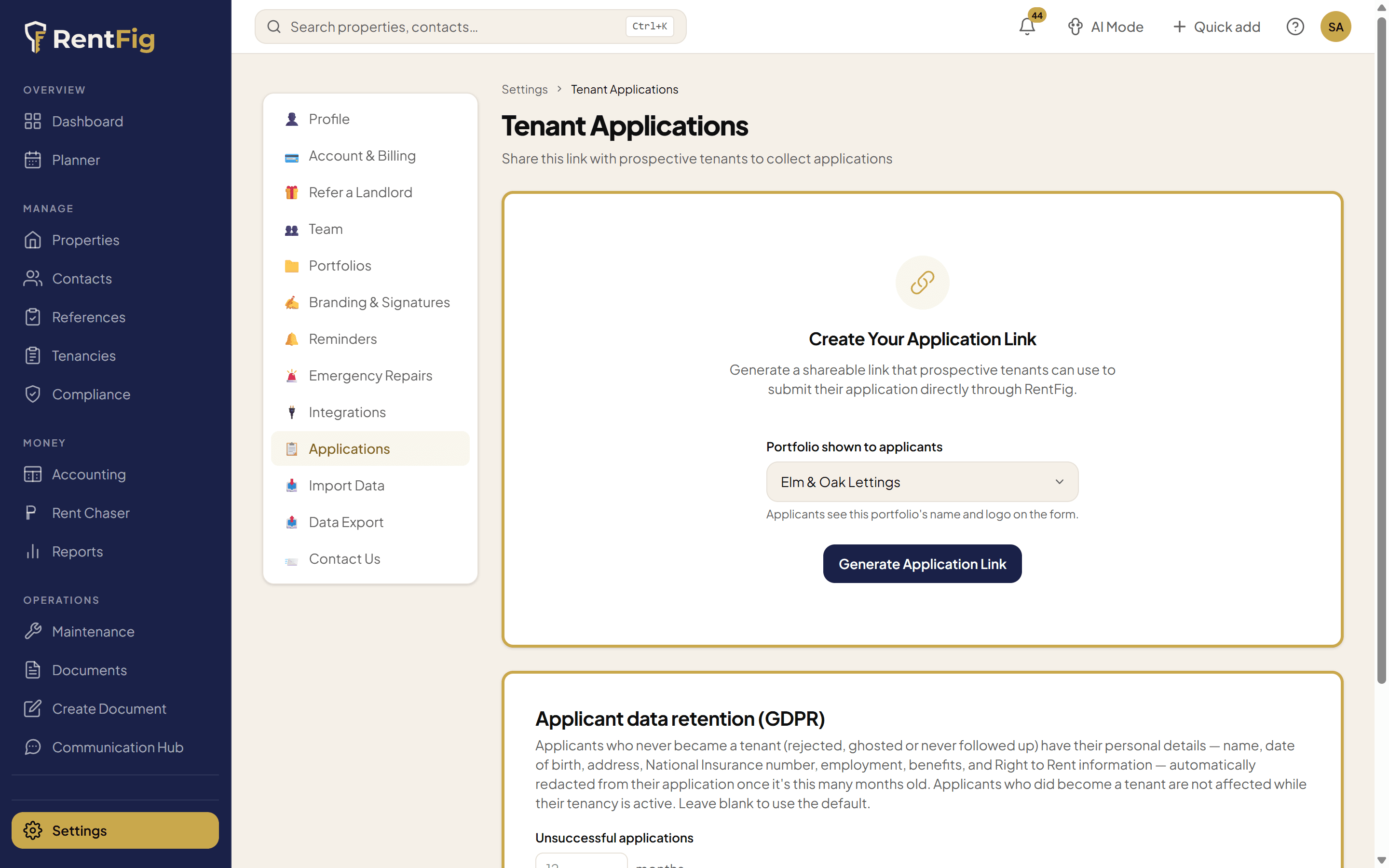 RentFig Tenant Applications settings page showing a shareable application link