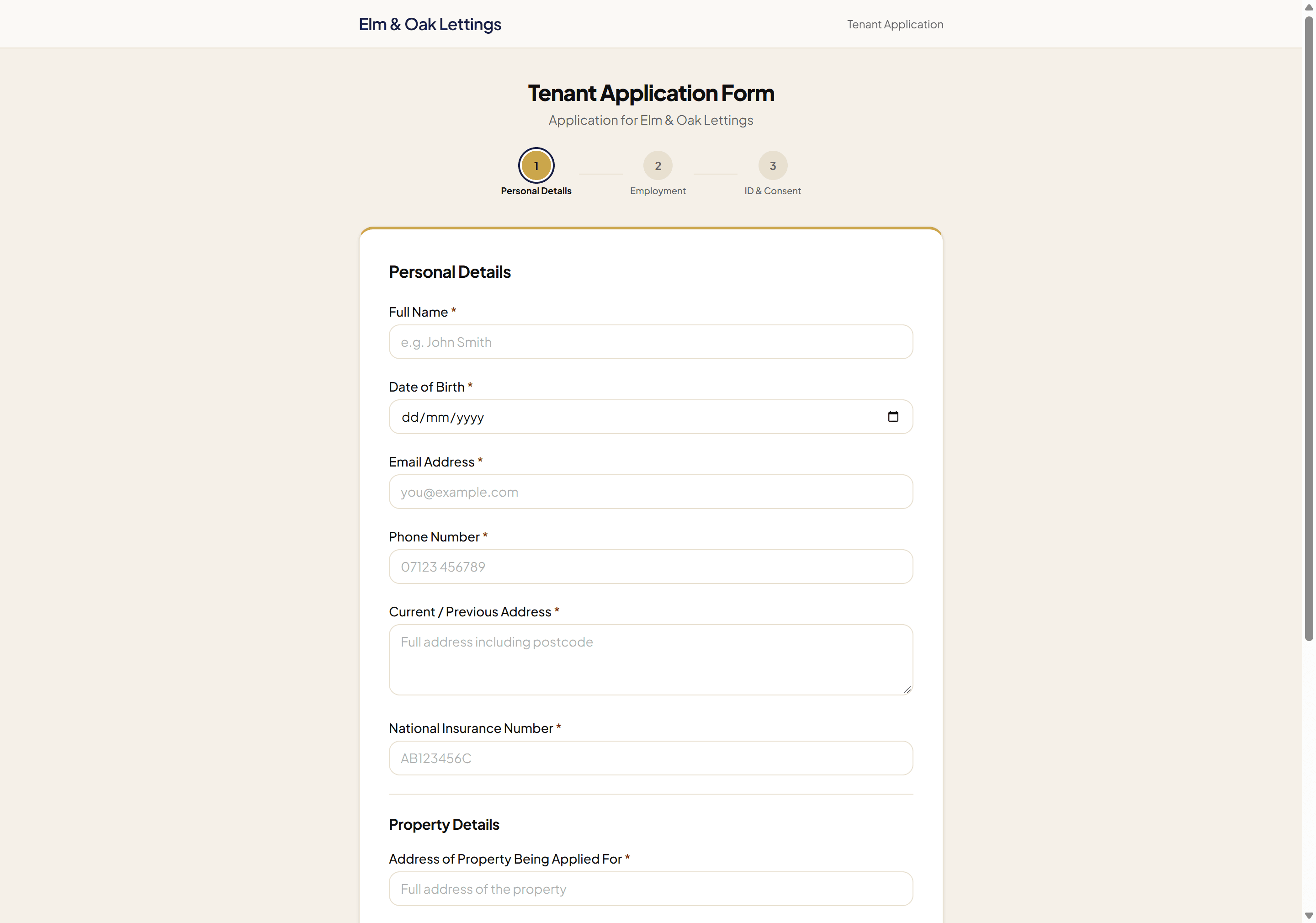 RentFig public tenant application form — Personal Details step, branded 'Application for Whitfield Property Group'