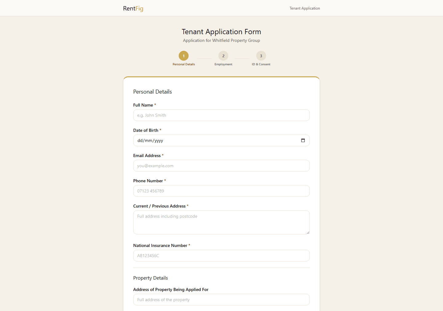 RentFig's tenant application form — Personal Details step, three-step progress, no account required