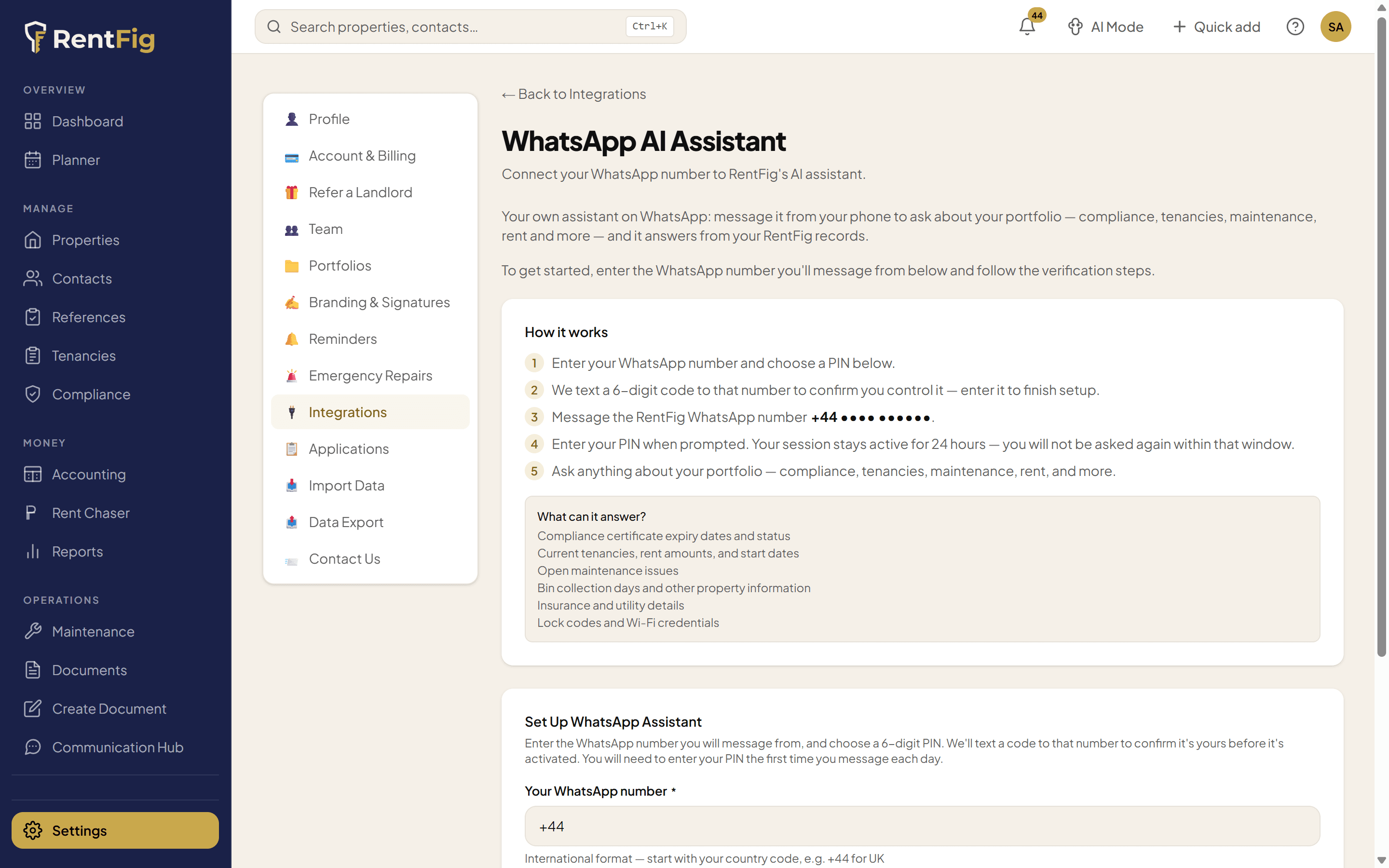 RentFig WhatsApp Assistant setup screen showing the registration form with phone number and PIN fields, plus the four-step 'How it works' panel