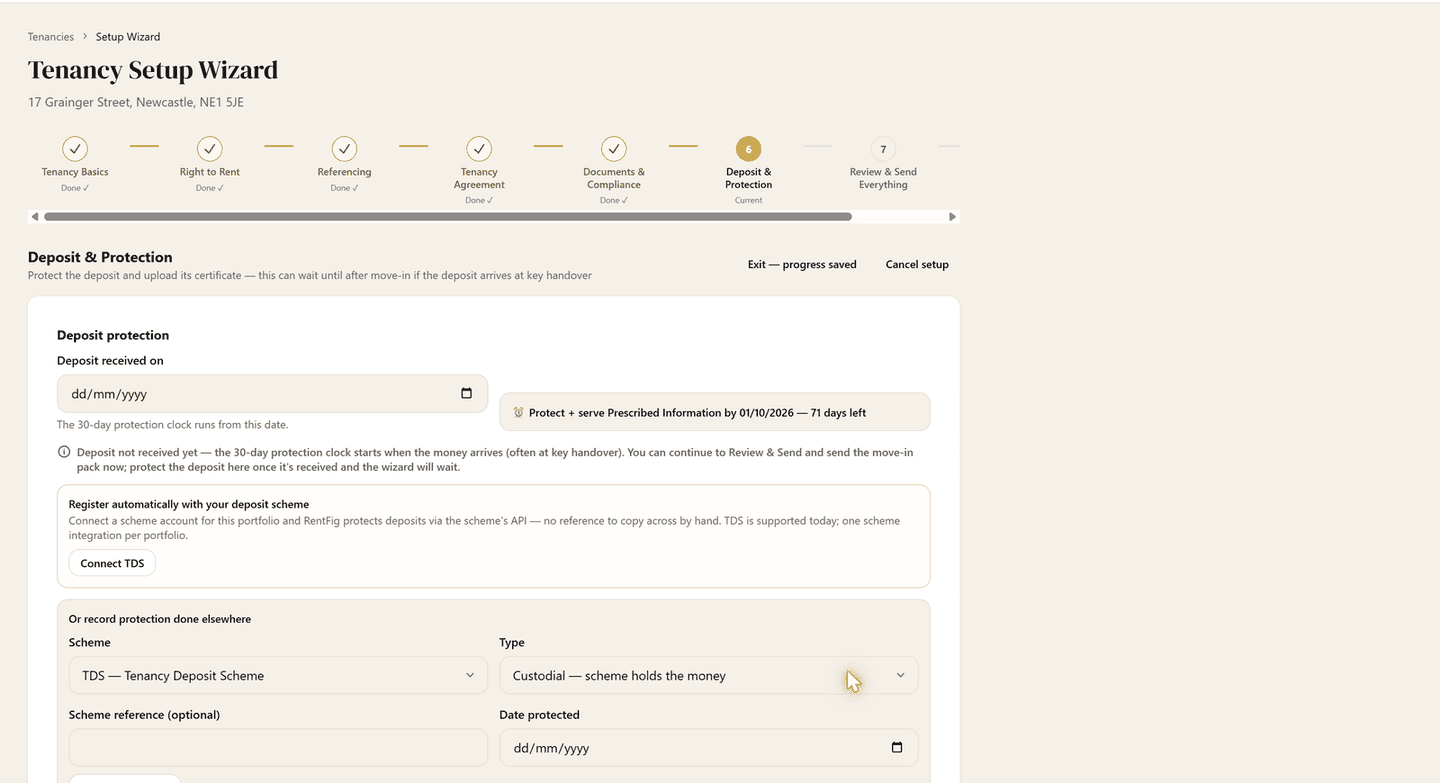 Deposit and Protection step: a live deadline chip showing the 30-day Prescribed Information deadline with days remaining, a Connect TDS scheme integration, and scheme plus custodial-or-insured recording fields