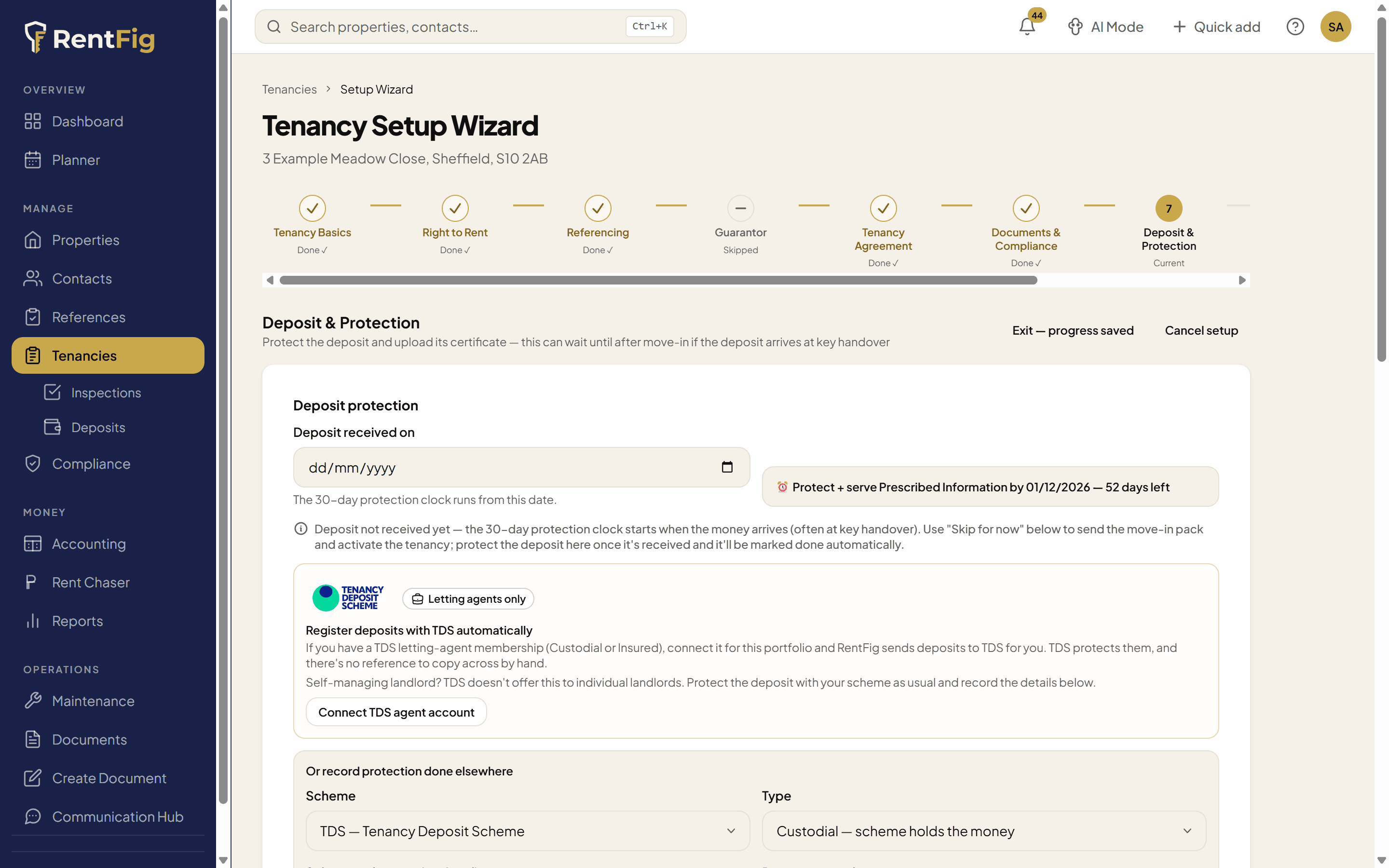 Deposit and Protection step: a live deadline chip reading Protect and serve Prescribed Information by 1 October 2026 with 71 days left, a Connect TDS scheme integration, and scheme plus custodial-or-insured recording fields