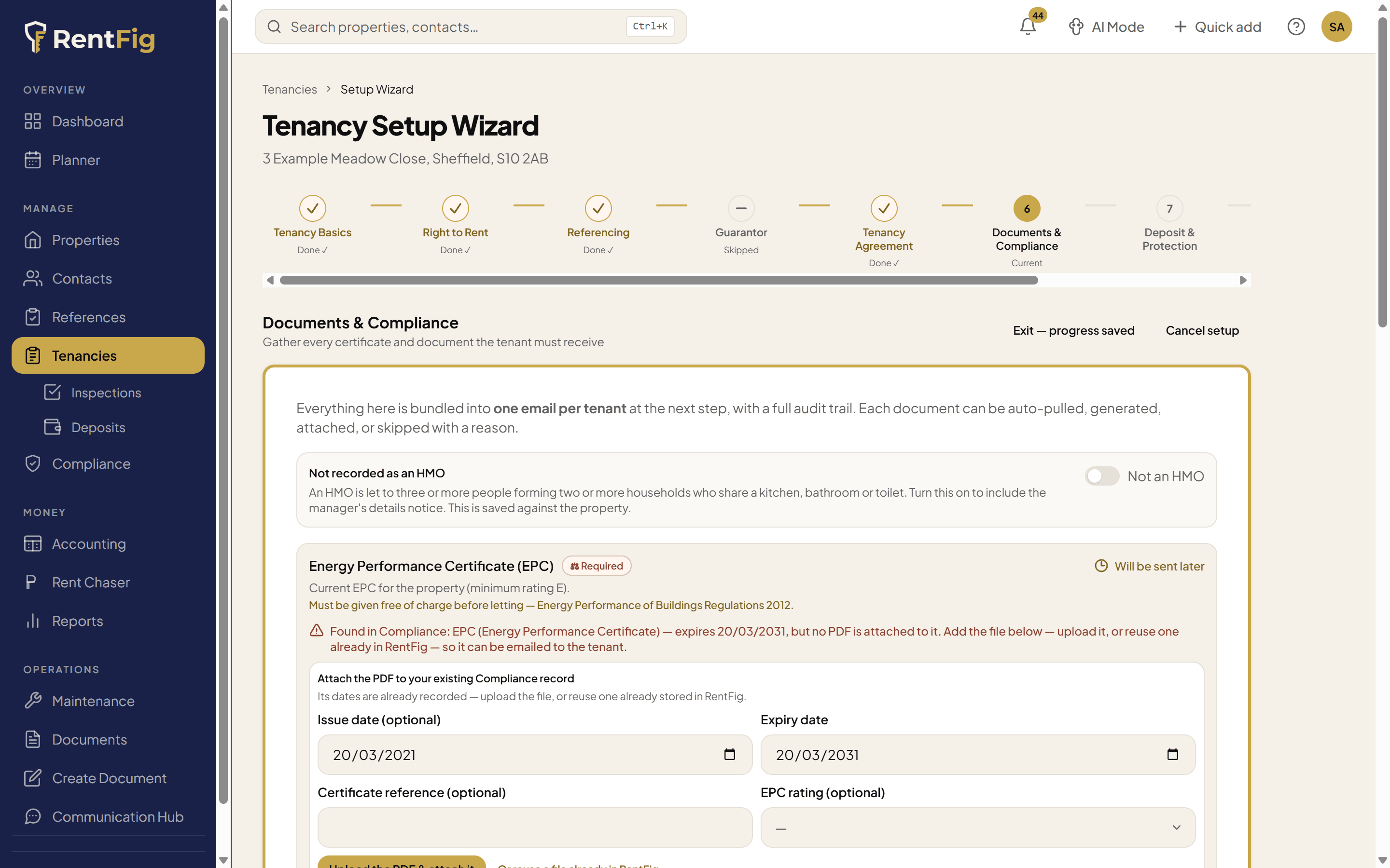 Documents and Compliance step: the Energy Performance Certificate card marked Required with its statutory rule (given free of charge before letting), an upload panel that reads the dates automatically, and a Send later decision tracked as outstanding with an audit-trail note