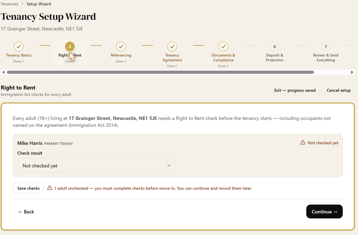 Right to Rent step of the Tenancy Setup Wizard: every adult living at the property needs a check before the tenancy starts (Immigration Act 2014), with the tenant flagged as Not checked yet and the option to continue and record it later