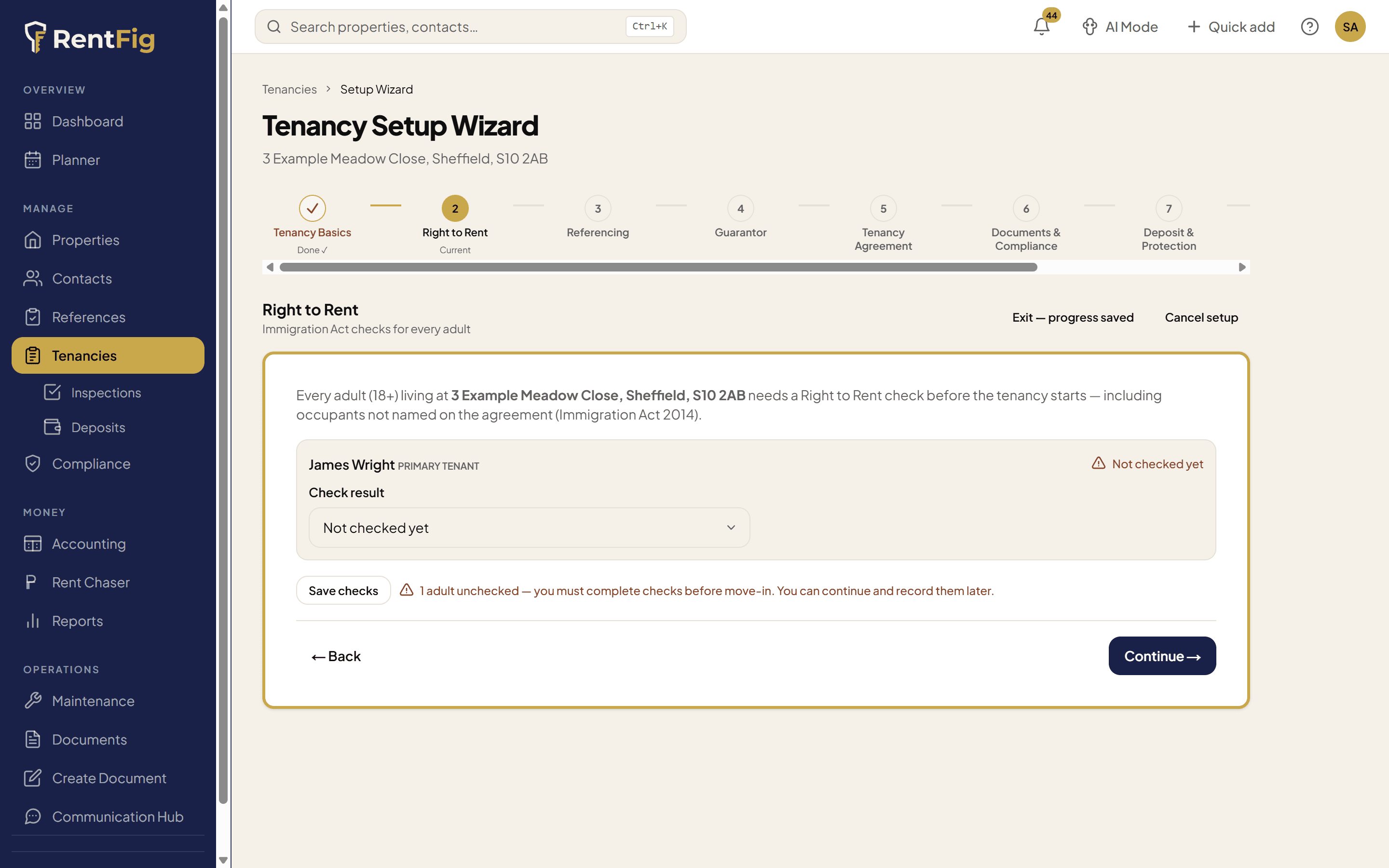 Right to Rent step of the Tenancy Setup Wizard: a note that every adult living at the property needs a check before the tenancy starts under the Immigration Act 2014, with the tenant flagged as Not checked yet and the option to continue and record it later